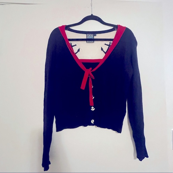 Too Fast Sweaters - Navy blue sailor style button down cardigan size large with anchors
